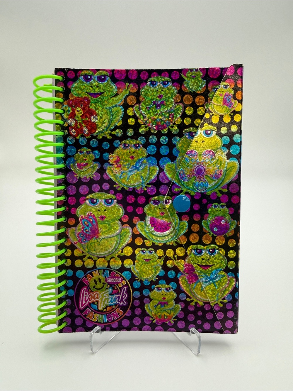 Vintage Lisa Frank Frog Spiral Snap Notebook – Holographic Glitter Y2K